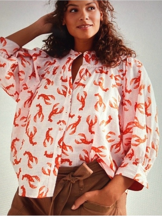 Maeve Tops - Anthropologie Maeve Lobster Print Blouse 1X Coastal Button Down collarless